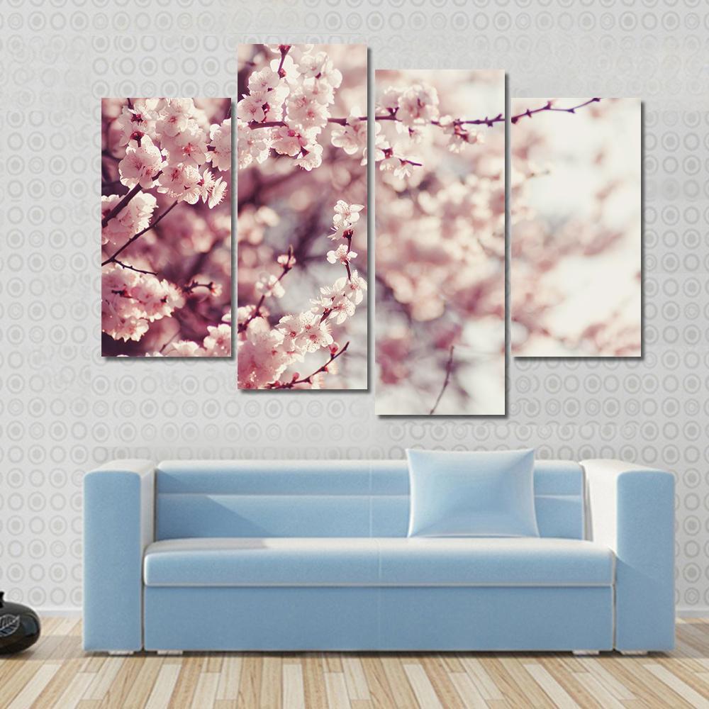 Pink Cherry Blossoms Flowers Canvas Wall Art-4 Pop-Gallery Wrap-50" x 32"-Tiaracle