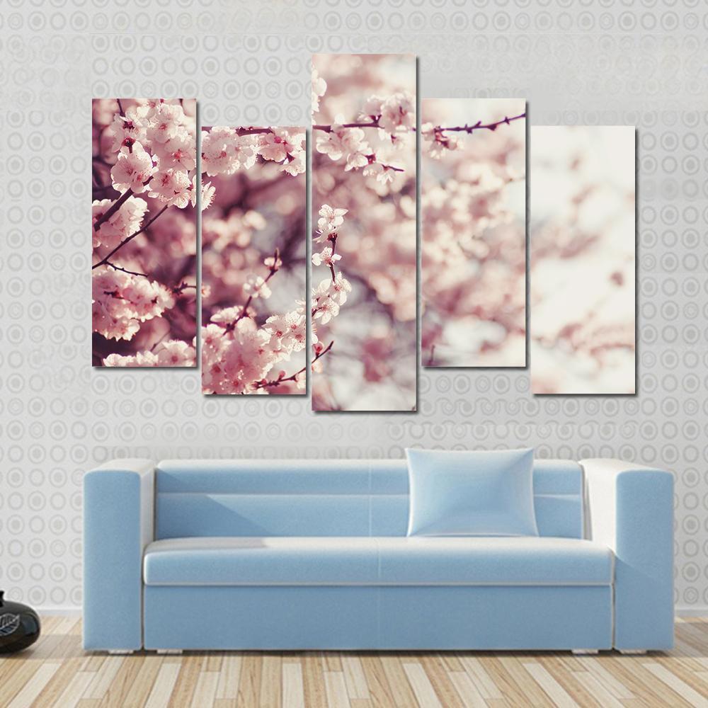 Pink Cherry Blossoms Flowers Canvas Wall Art-5 Pop-Gallery Wrap-47" x 32"-Tiaracle