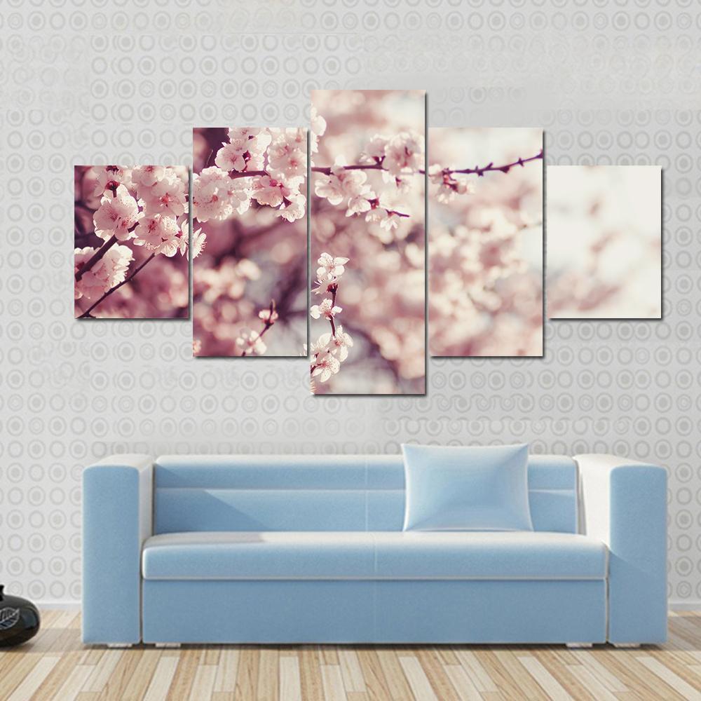 Pink Cherry Blossoms Flowers Canvas Wall Art-5 Star-Gallery Wrap-62" x 32"-Tiaracle