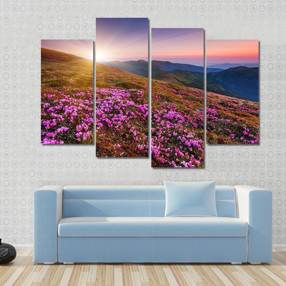 Pink Flowers On Mountain Canvas Wall Art-4 Pop-Gallery Wrap-50" x 32"-Tiaracle