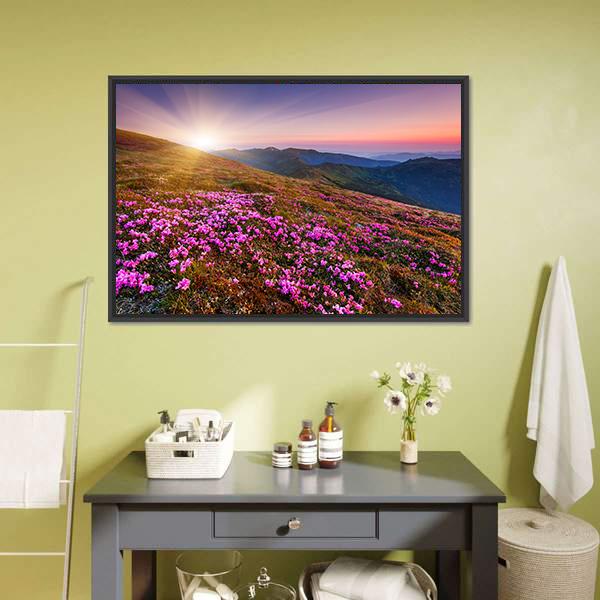 Pink Flowers On Mountain Canvas Wall Art-3 Horizontal-Gallery Wrap-25" x 16"-Tiaracle