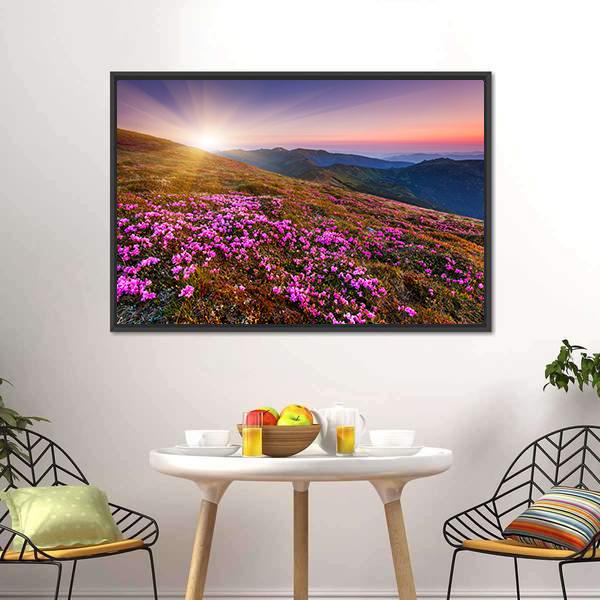 Pink Flowers On Mountain Canvas Wall Art-3 Horizontal-Gallery Wrap-25" x 16"-Tiaracle