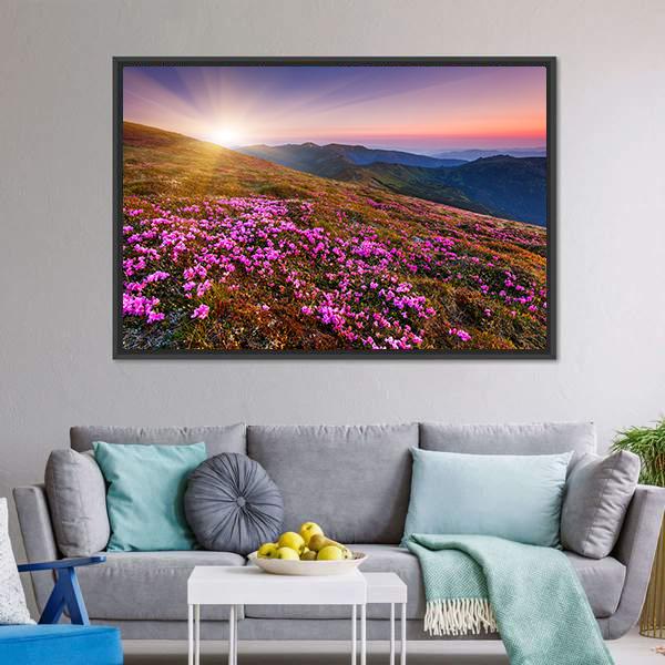 Pink Flowers On Mountain Canvas Wall Art-1 Piece-Floating Frame-24" x 16"-Tiaracle