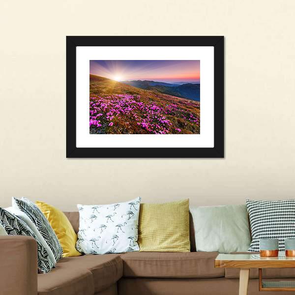 Pink Flowers On Mountain Canvas Wall Art-3 Horizontal-Gallery Wrap-25" x 16"-Tiaracle