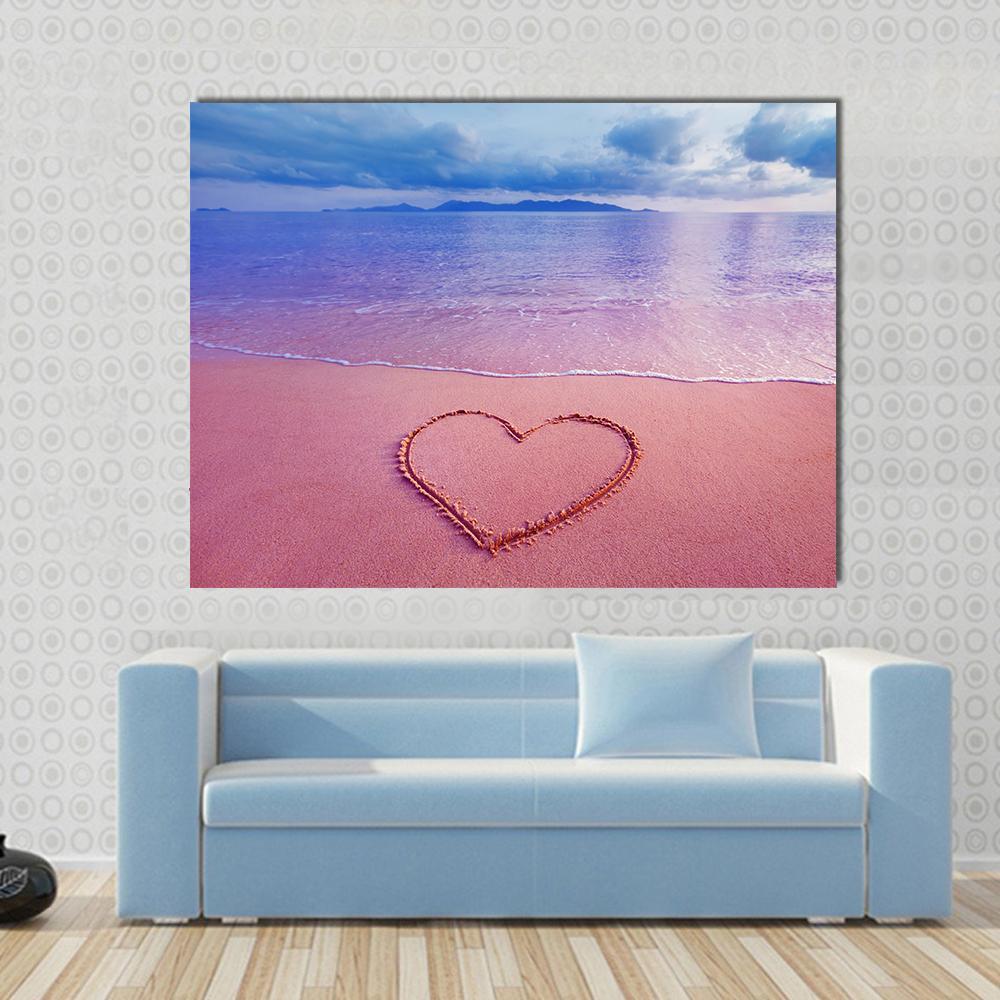 Pink Heart On Sand Canvas Wall Art-1 Piece-Gallery Wrap-48" x 32"-Tiaracle