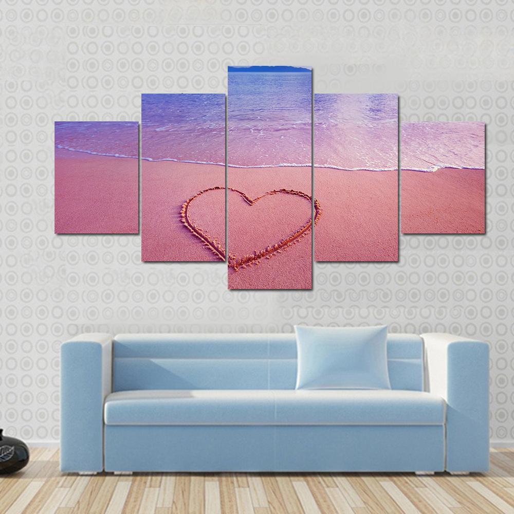 Pink Heart On Sand Canvas Wall Art-5 Star-Gallery Wrap-62" x 32"-Tiaracle