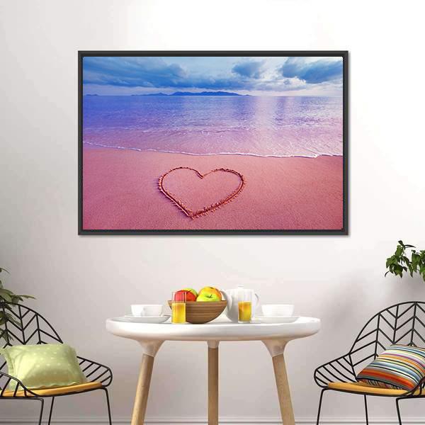 Pink Heart On Sand Canvas Wall Art-1 Piece-Floating Frame-24" x 16"-Tiaracle