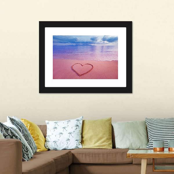 Pink Heart On Sand Canvas Wall Art-1 Piece-Framed Print-20" x 16"-Tiaracle