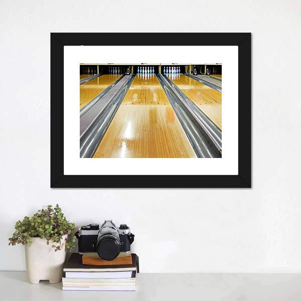 Pins At The End Of Bowling Lane Canvas Wall Art-1 Piece-Framed Print-20" x 16"-Tiaracle