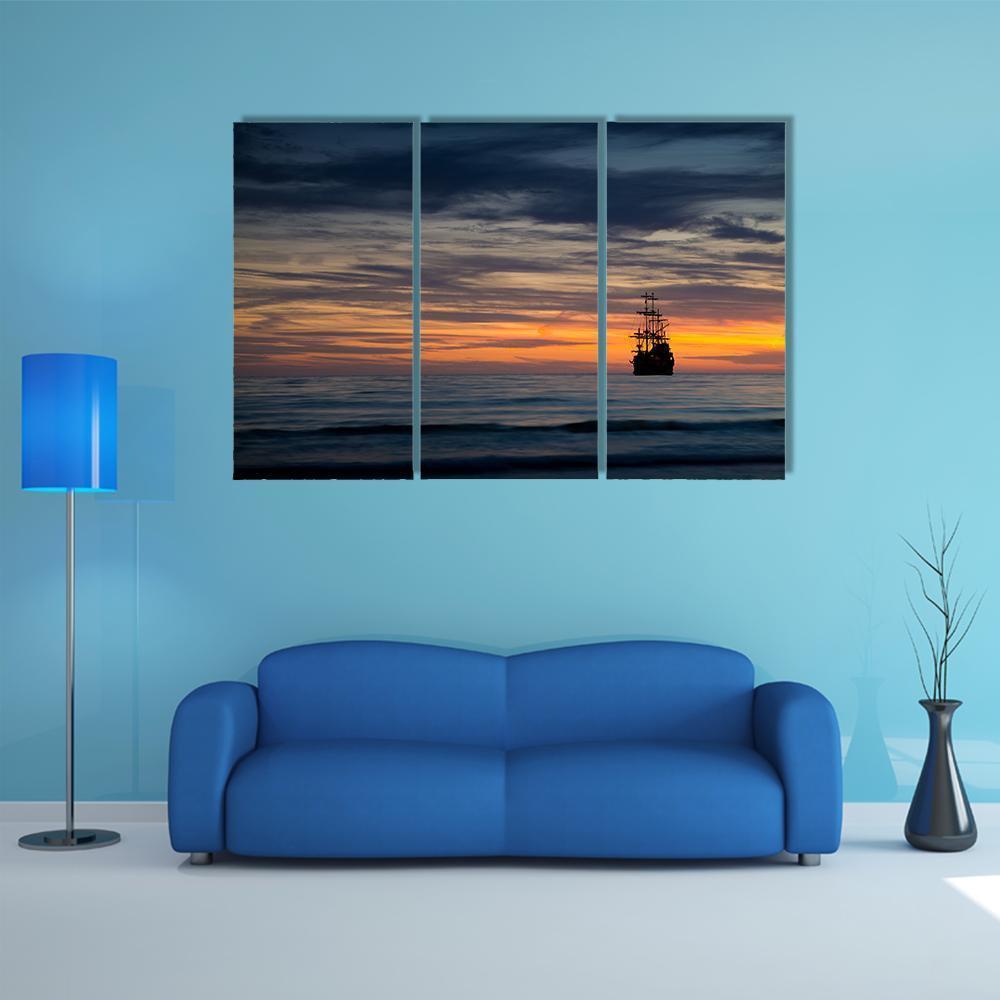 Pirate Ship At Sunset Canvas Wall Art-3 Horizontal-Gallery Wrap-37" x 24"-Tiaracle