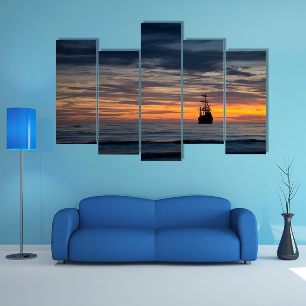 Pirate Ship At Sunset Canvas Wall Art-5 Pop-Gallery Wrap-47" x 32"-Tiaracle