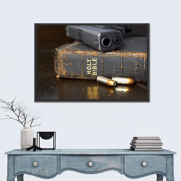 Pistol And Ammo With Bible Canvas Wall Art-1 Piece-Floating Frame-24" x 16"-Tiaracle