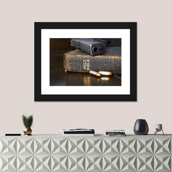 Pistol And Ammo With Bible Canvas Wall Art-1 Piece-Framed Print-20" x 16"-Tiaracle