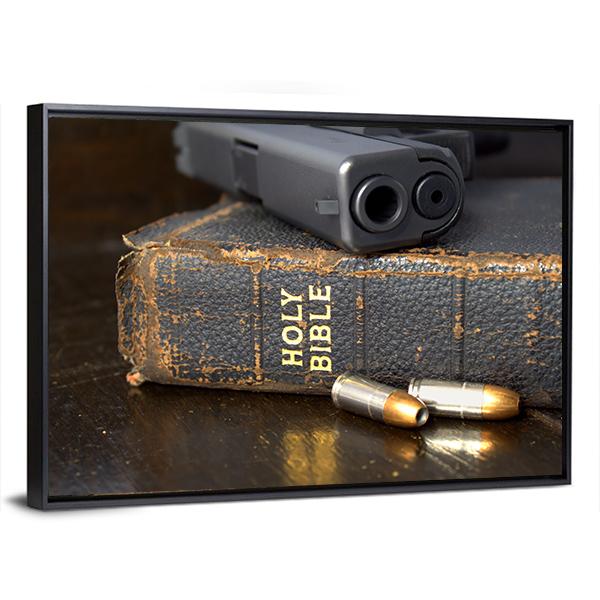 Pistol And Ammo With Bible Canvas Wall Art-3 Horizontal-Gallery Wrap-25" x 16"-Tiaracle