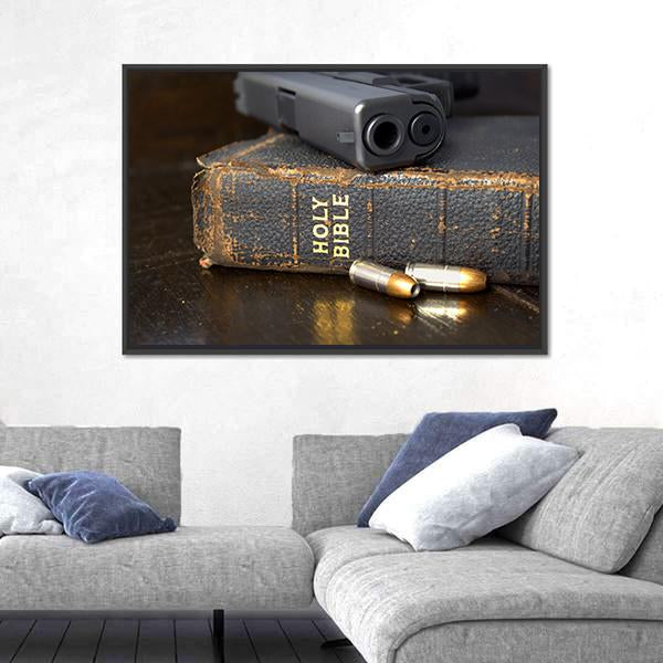 Pistol And Ammo With Bible Canvas Wall Art-3 Horizontal-Gallery Wrap-25" x 16"-Tiaracle