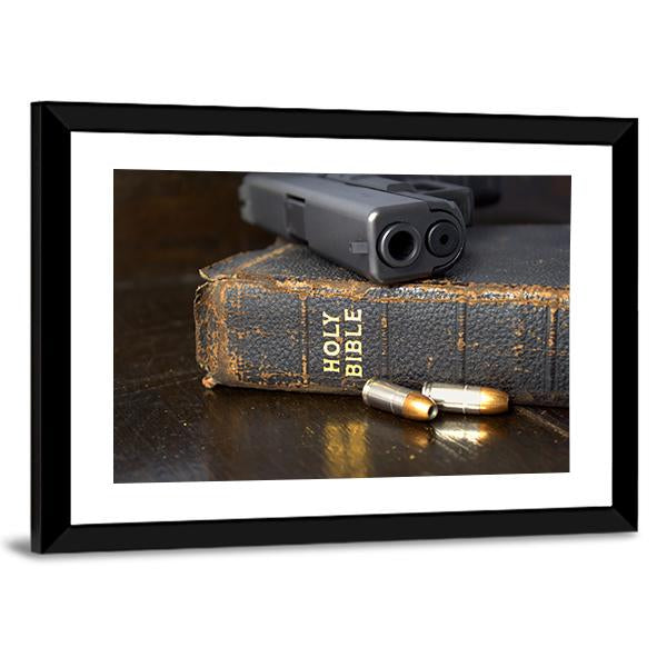 Pistol And Ammo With Bible Canvas Wall Art-3 Horizontal-Gallery Wrap-25" x 16"-Tiaracle