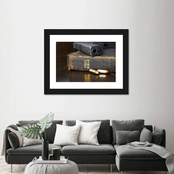 Pistol And Ammo With Bible Canvas Wall Art-3 Horizontal-Gallery Wrap-25" x 16"-Tiaracle