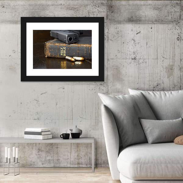 Pistol And Ammo With Bible Canvas Wall Art-3 Horizontal-Gallery Wrap-25" x 16"-Tiaracle