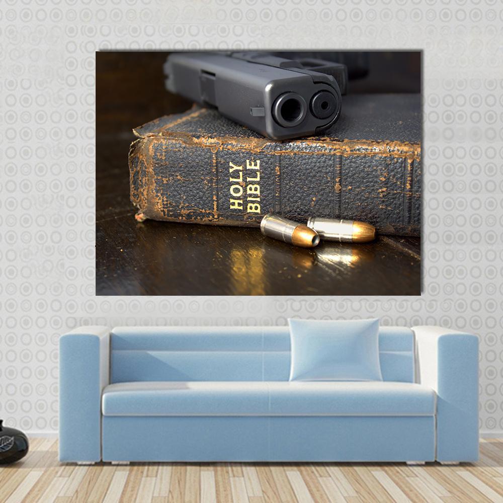 Pistol And Ammo With Bible Canvas Wall Art-1 Piece-Gallery Wrap-48" x 32"-Tiaracle