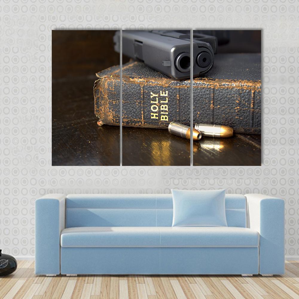 Pistol And Ammo With Bible Canvas Wall Art-3 Horizontal-Gallery Wrap-37" x 24"-Tiaracle