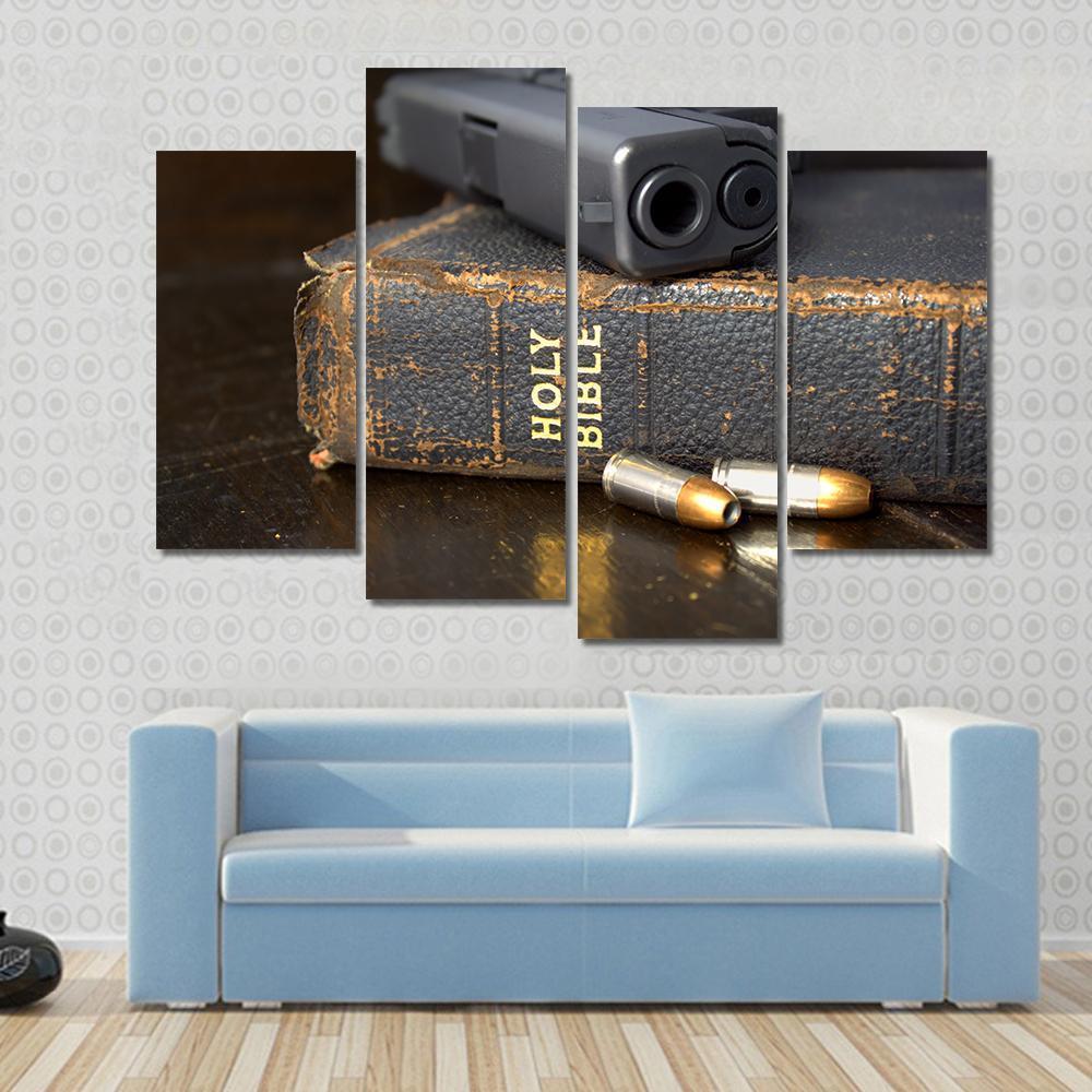 Pistol And Ammo With Bible Canvas Wall Art-4 Pop-Gallery Wrap-50" x 32"-Tiaracle