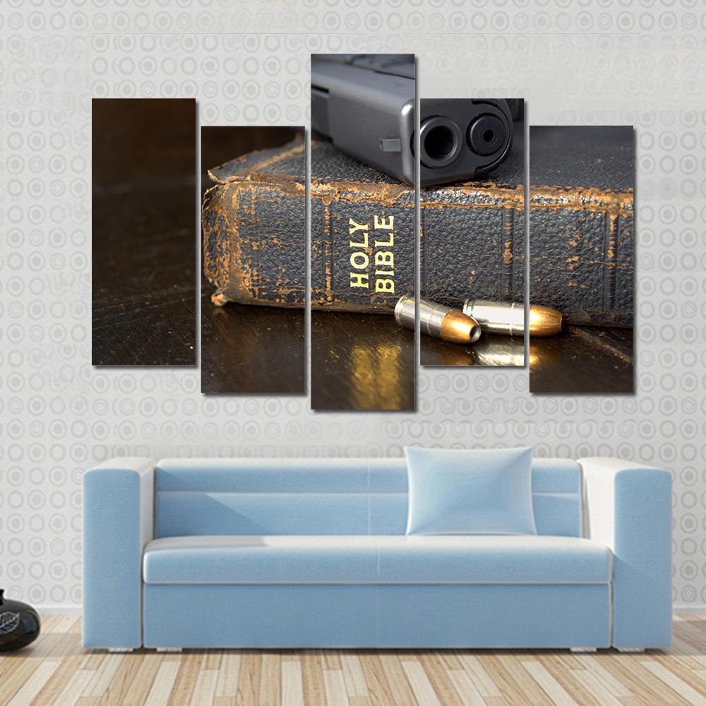 Pistol And Ammo With Bible Canvas Wall Art-5 Pop-Gallery Wrap-47" x 32"-Tiaracle