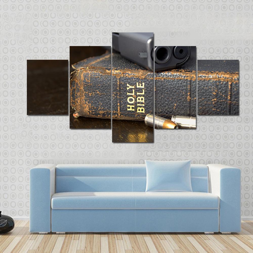 Pistol And Ammo With Bible Canvas Wall Art-5 Star-Gallery Wrap-62" x 32"-Tiaracle