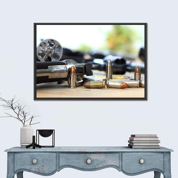 Pistol And Bullet On Table Wooden Canvas Wall Art-1 Piece-Floating Frame-24" x 16"-Tiaracle