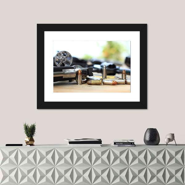 Pistol And Bullet On Table Wooden Canvas Wall Art-1 Piece-Framed Print-20" x 16"-Tiaracle