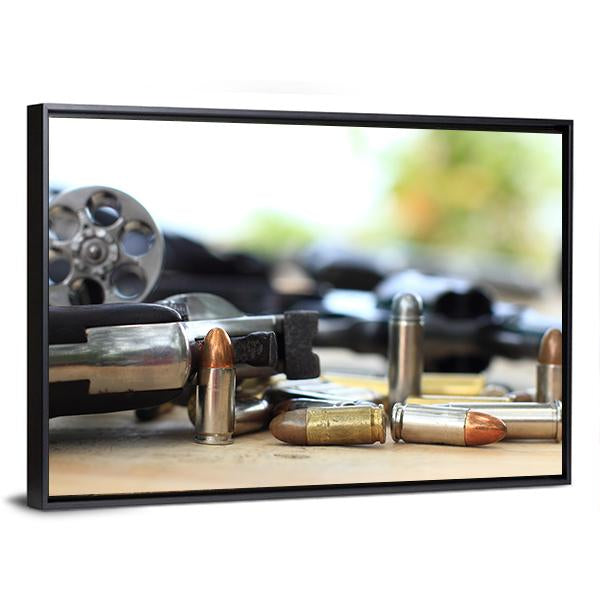 Pistol And Bullet On Table Wooden Canvas Wall Art-3 Horizontal-Gallery Wrap-25" x 16"-Tiaracle