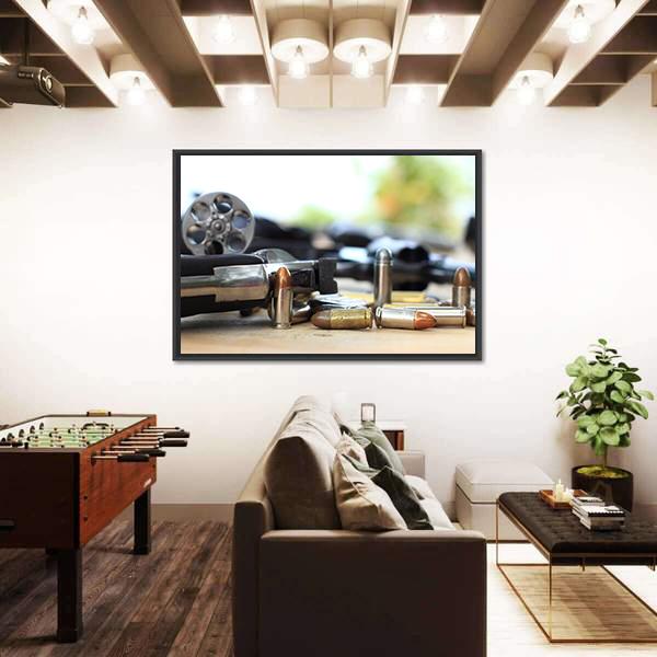 Pistol And Bullet On Table Wooden Canvas Wall Art-3 Horizontal-Gallery Wrap-25" x 16"-Tiaracle