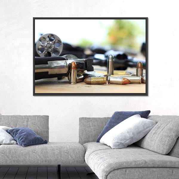 Pistol And Bullet On Table Wooden Canvas Wall Art-3 Horizontal-Gallery Wrap-25" x 16"-Tiaracle