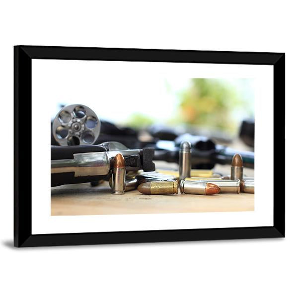 Pistol And Bullet On Table Wooden Canvas Wall Art-3 Horizontal-Gallery Wrap-25" x 16"-Tiaracle