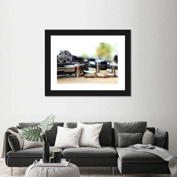 Pistol And Bullet On Table Wooden Canvas Wall Art-3 Horizontal-Gallery Wrap-25" x 16"-Tiaracle