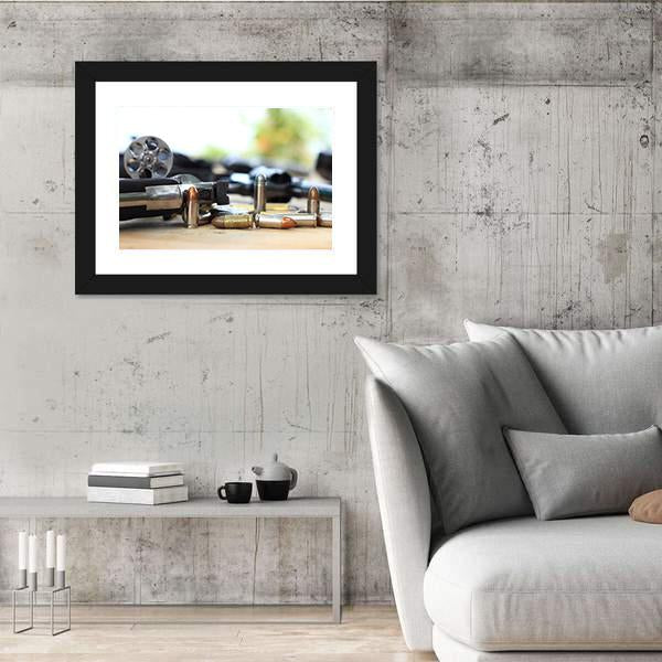 Pistol And Bullet On Table Wooden Canvas Wall Art-3 Horizontal-Gallery Wrap-25" x 16"-Tiaracle