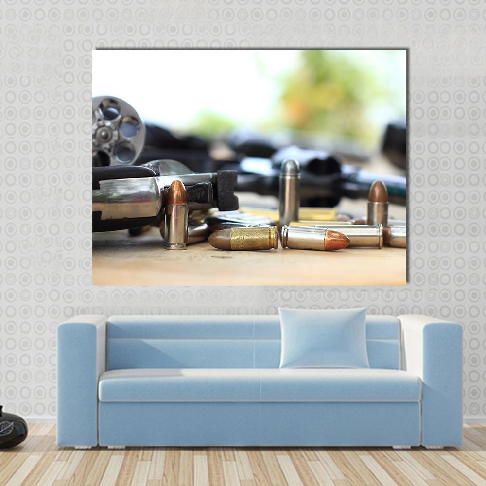 Pistol And Bullet On Table Wooden Canvas Wall Art-1 Piece-Gallery Wrap-48" x 32"-Tiaracle