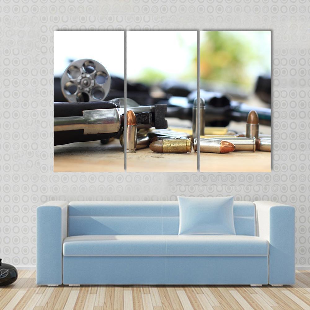 Pistol And Bullet On Table Wooden Canvas Wall Art-3 Horizontal-Gallery Wrap-37" x 24"-Tiaracle