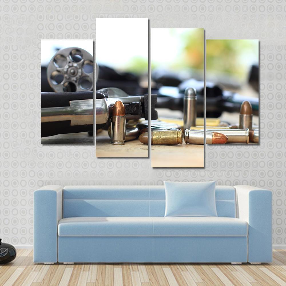 Pistol And Bullet On Table Wooden Canvas Wall Art-4 Pop-Gallery Wrap-50" x 32"-Tiaracle