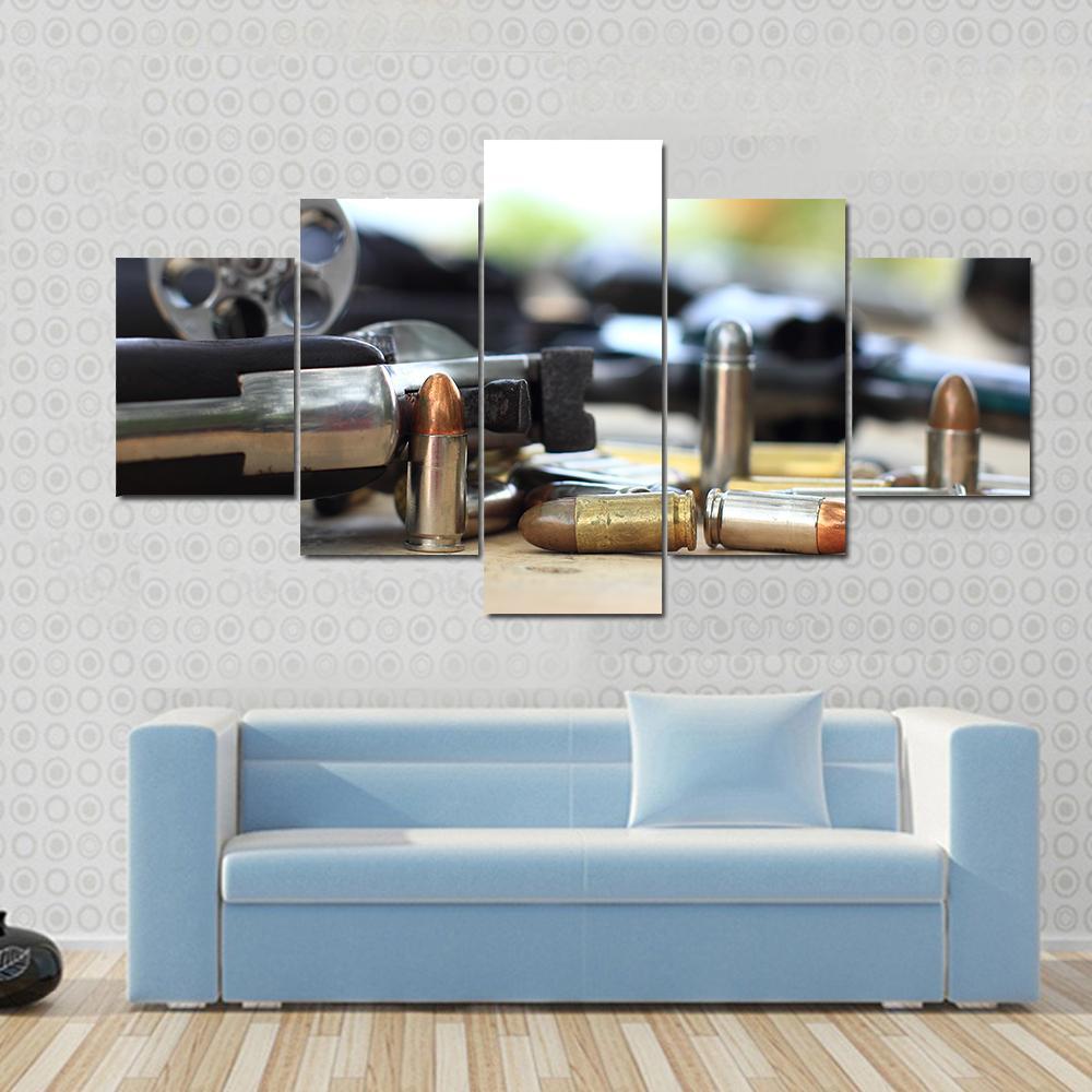 Pistol And Bullet On Table Wooden Canvas Wall Art-5 Star-Gallery Wrap-62" x 32"-Tiaracle