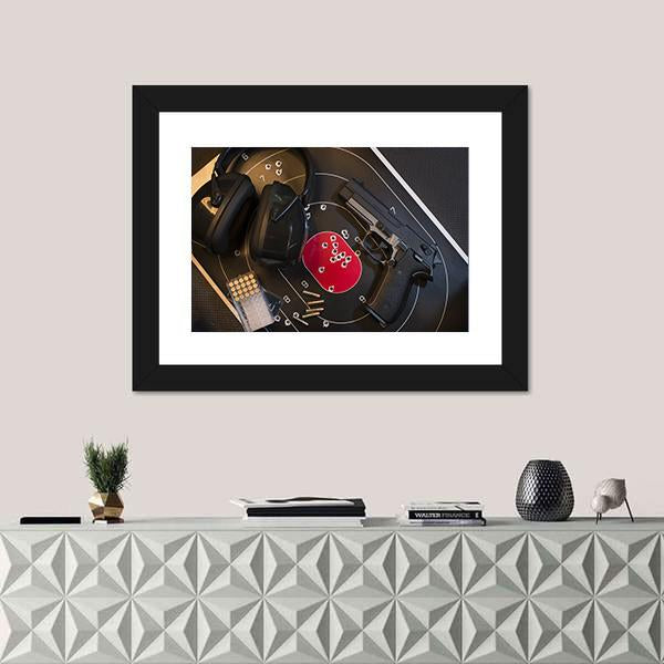 Pistol Target And Ammo Canvas Wall Art-1 Piece-Framed Print-20" x 16"-Tiaracle