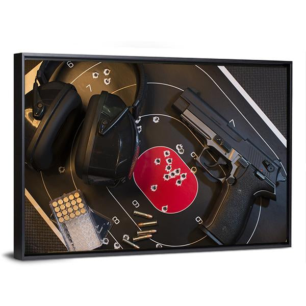 Pistol Target And Ammo Canvas Wall Art-3 Horizontal-Gallery Wrap-25" x 16"-Tiaracle