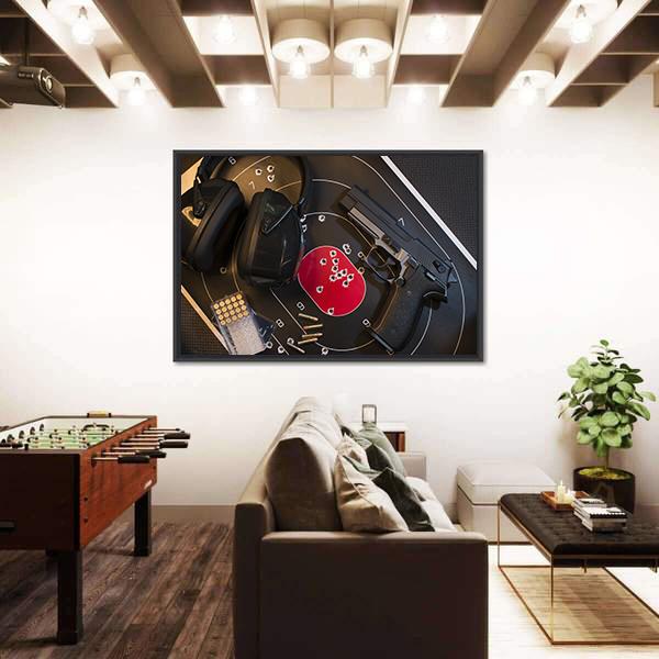 Pistol Target And Ammo Canvas Wall Art-3 Horizontal-Gallery Wrap-25" x 16"-Tiaracle