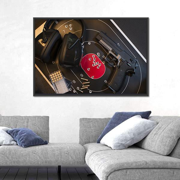 Pistol Target And Ammo Canvas Wall Art-3 Horizontal-Gallery Wrap-25" x 16"-Tiaracle