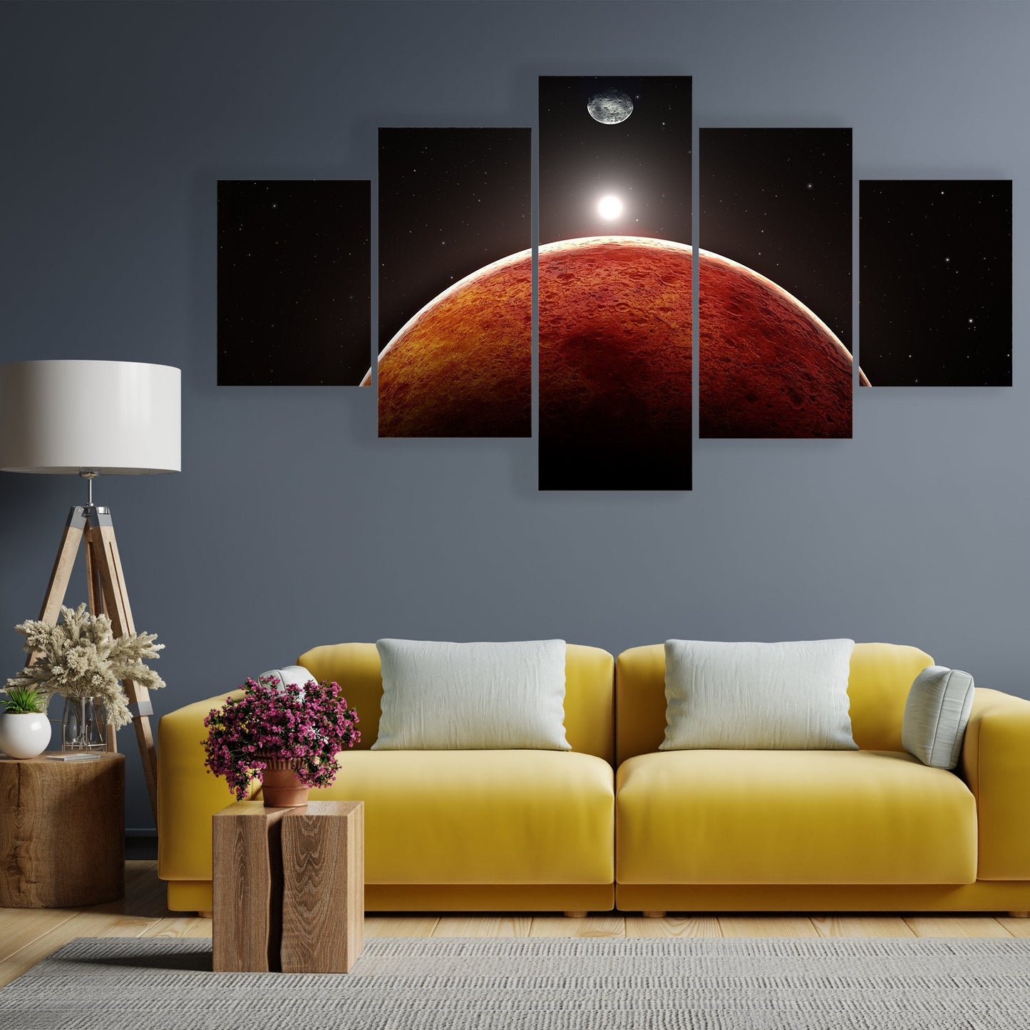 Planet Mars With Moon Canvas Wall Art-5 Star-Gallery Wrap-62" x 32"-Tiaracle