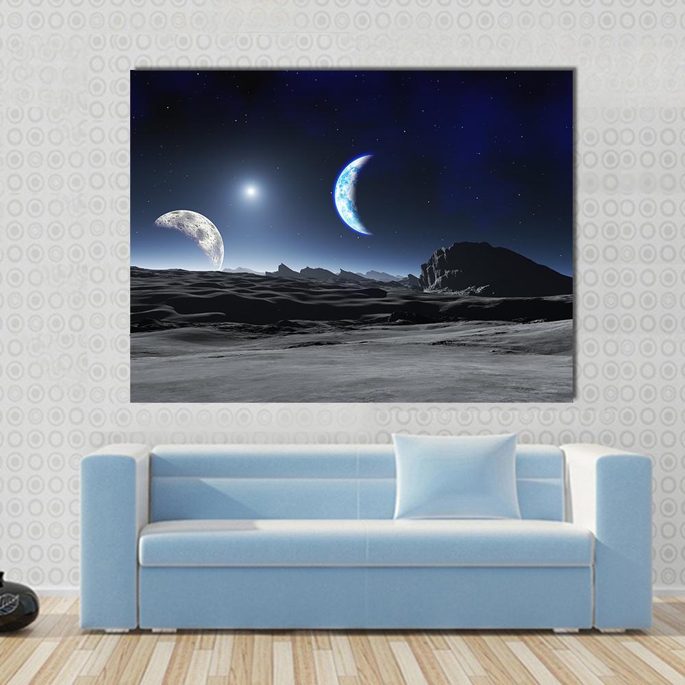 Planet With Two Moons Canvas Wall Art-1 Piece-Gallery Wrap-48" x 32"-Tiaracle