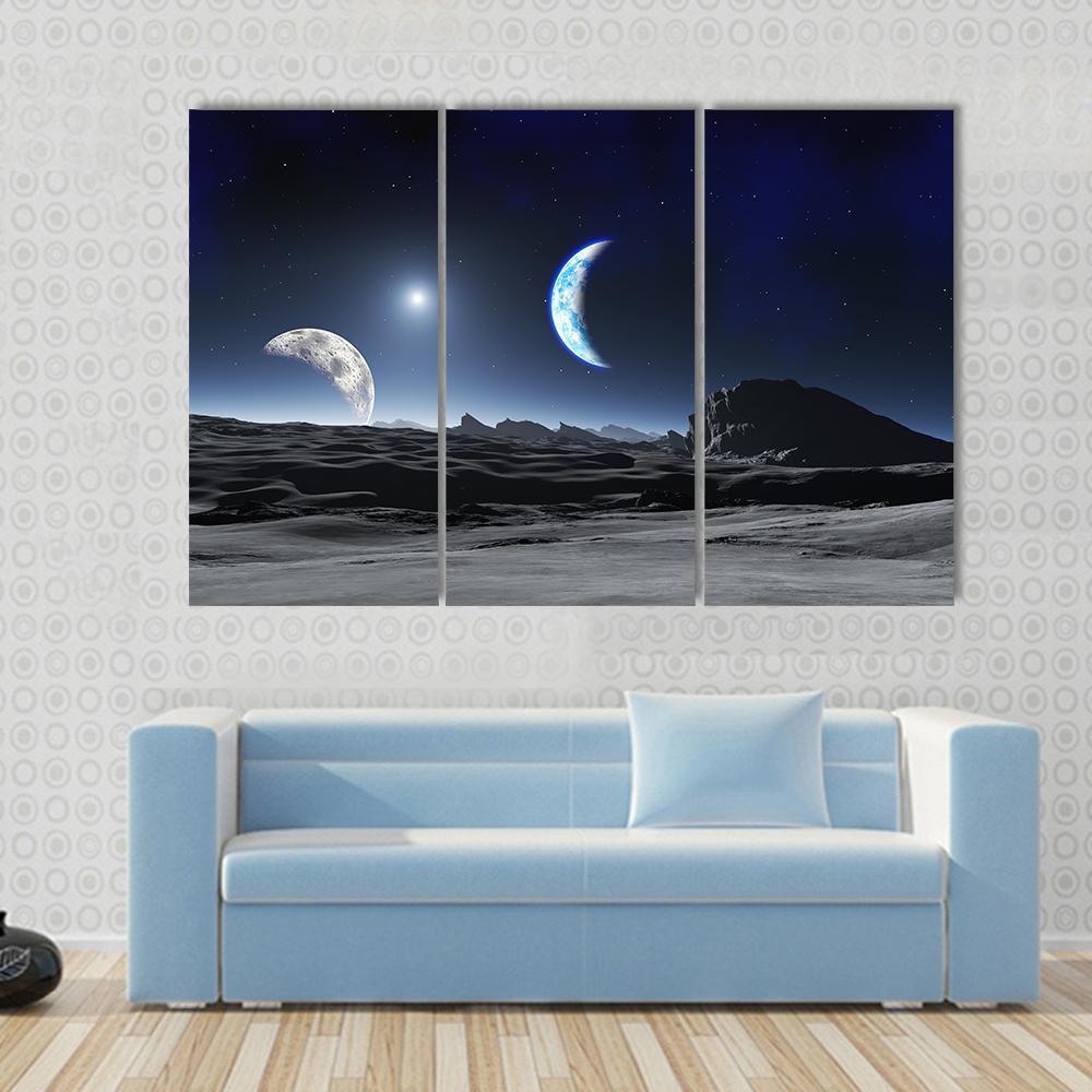 Planet With Two Moons Canvas Wall Art-3 Horizontal-Gallery Wrap-37" x 24"-Tiaracle