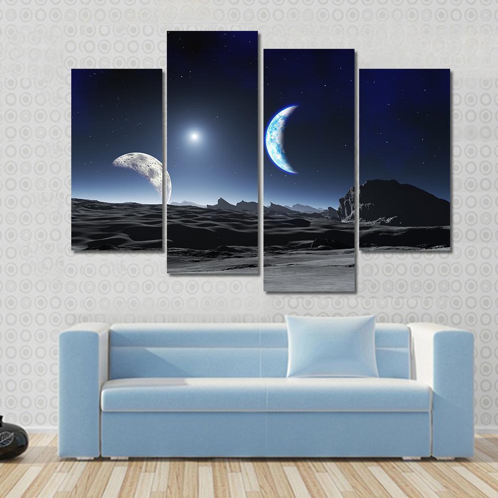 Planet With Two Moons Canvas Wall Art-4 Pop-Gallery Wrap-50" x 32"-Tiaracle