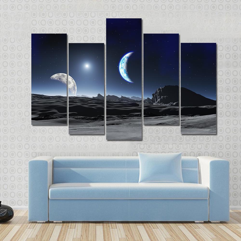 Planet With Two Moons Canvas Wall Art-5 Pop-Gallery Wrap-47" x 32"-Tiaracle