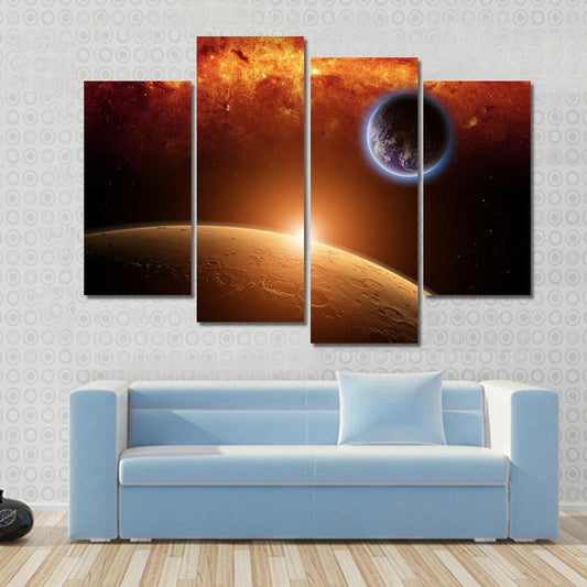 Planets Earth And Mars In Space Red Galaxy Bright Red Sun Canvas Wall Art-4 Pop-Gallery Wrap-50" x 32"-Tiaracle