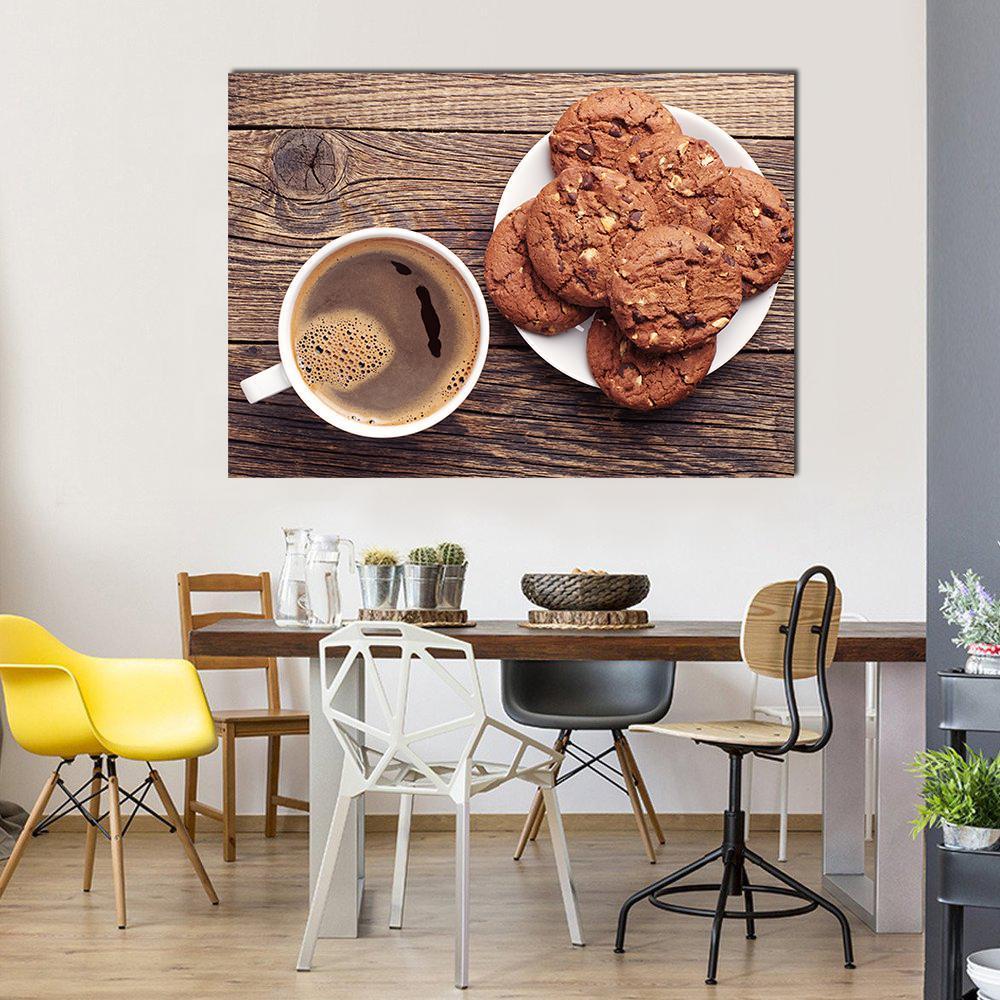 Plate With Chocolate Cookies And Cup Of Hot Coffee Canvas Wall Art-1 Piece-Gallery Wrap-48" x 32"-Tiaracle